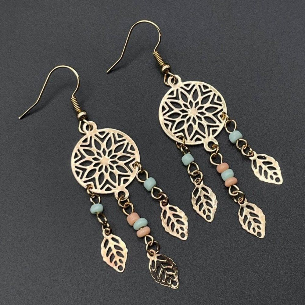 Yellow Gold with Green and Peach Beaded Boho Style Dream Catcher Hook Earrings